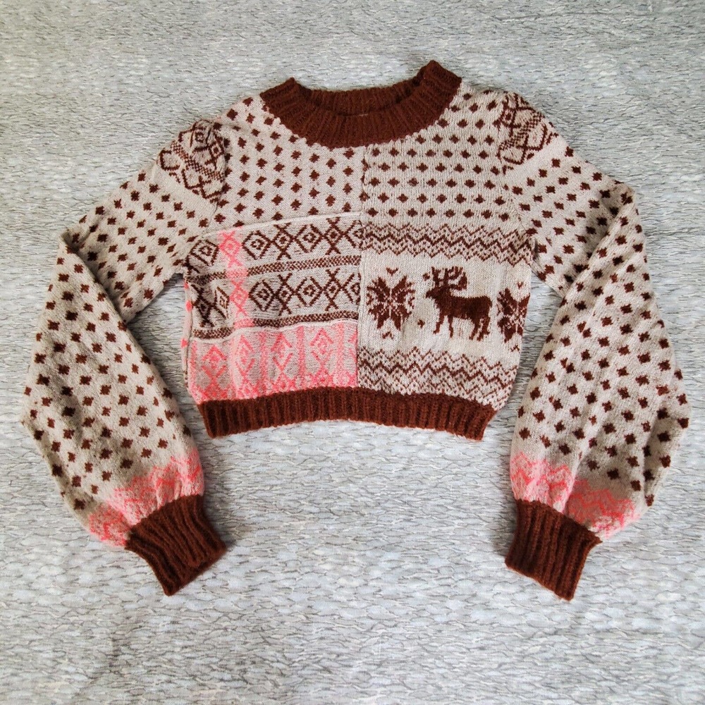 Free People Sweater Fair Isle Chunky Knit Cropped Wool Mohair Alpaca Blend Sz S